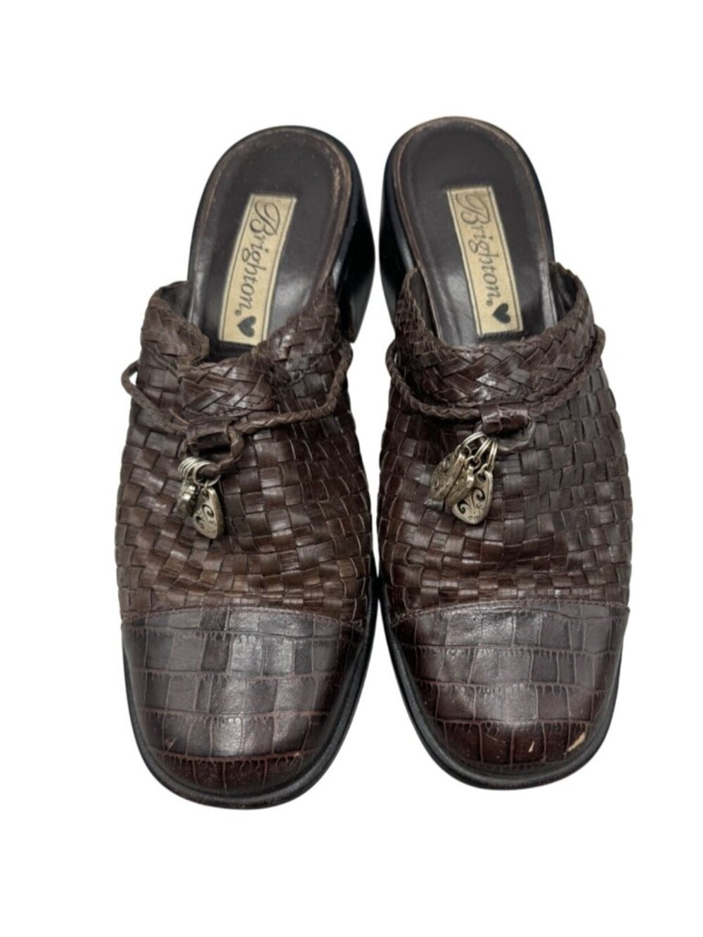 Vintage Brighton Womens Brown Woven Leather Mules With Charms Size 8 READ